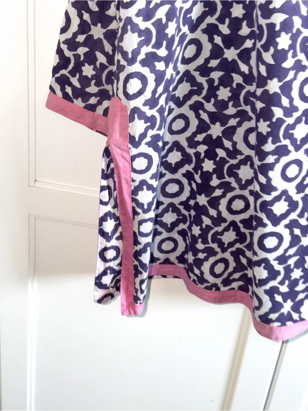 Roller Rabbit Blue Geometric Swim Cover-Up Tunic with Pink Trim Large Pool Beach